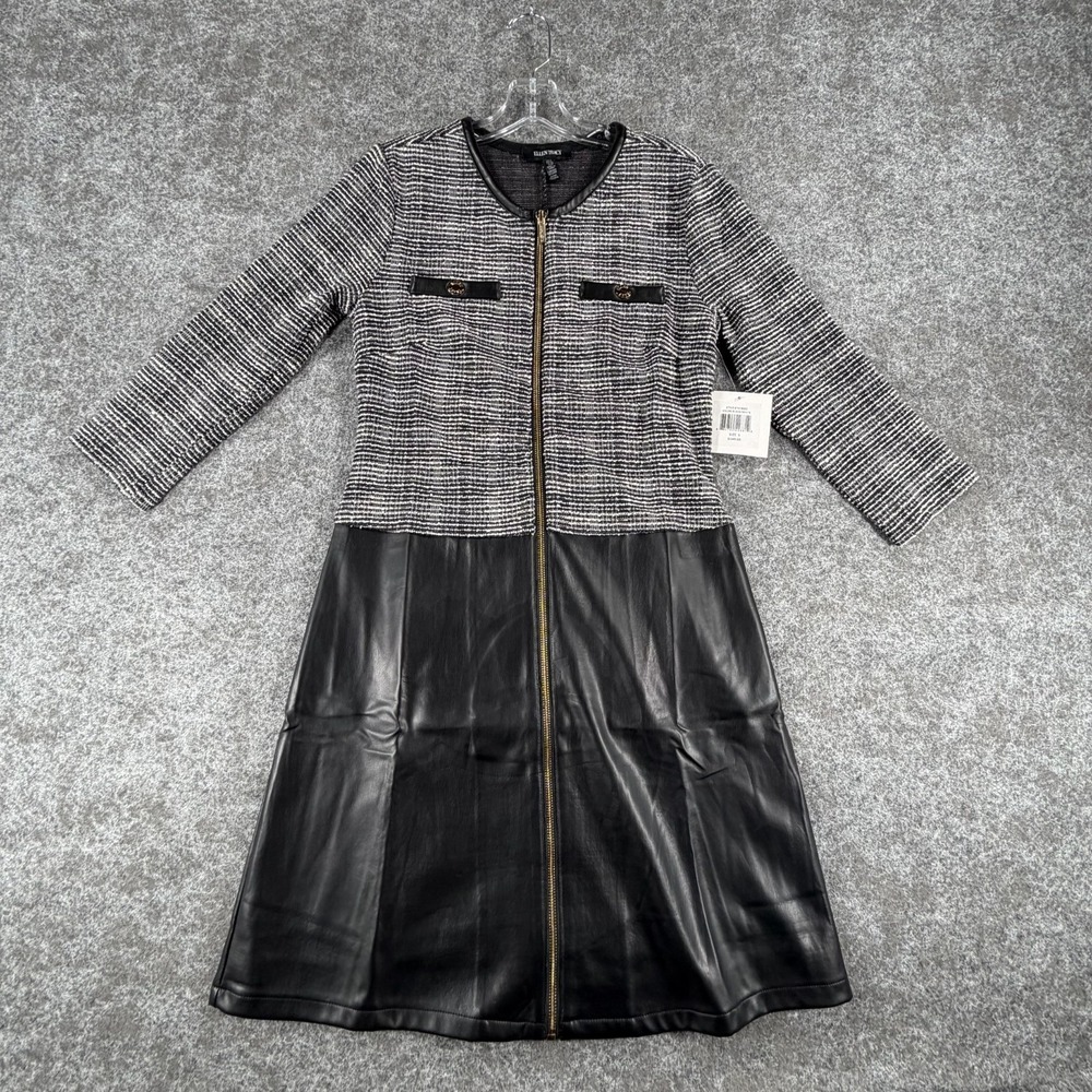 Ellen Tracy Shift Dress Womens S Black White Stretch Jacquard Knit Faux Leather